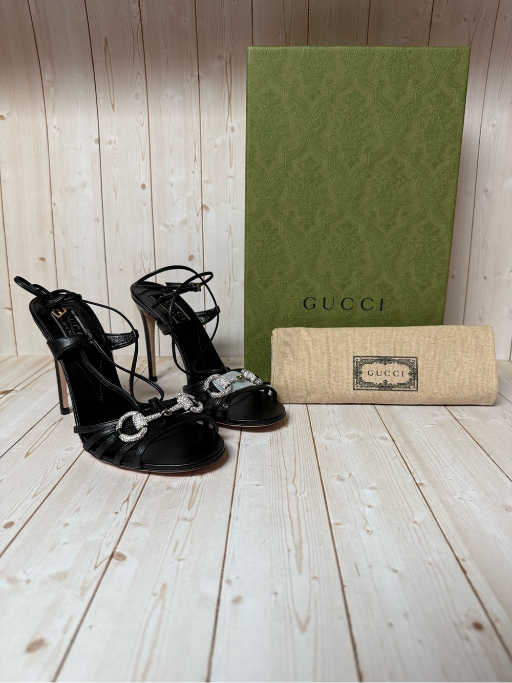 Gucci Malaga Kid Crystal Strappy Horsebit Sandals Black sz 36 / 6